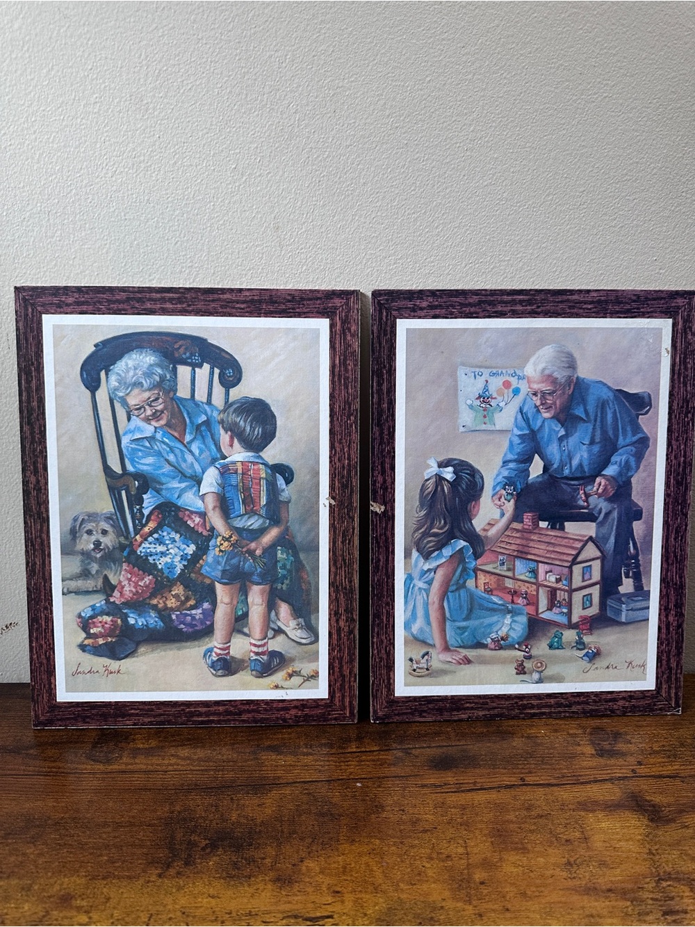 Vtg Sandra Kuck Framed Prints Pair Flowers for Grandma Grandpa Dollhouse Art Set